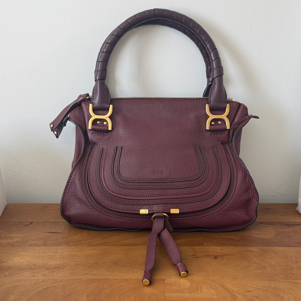 Chloe Marcie Medium Burgundy Leather Top-Handle Crossbody Bag with Gold Hardware